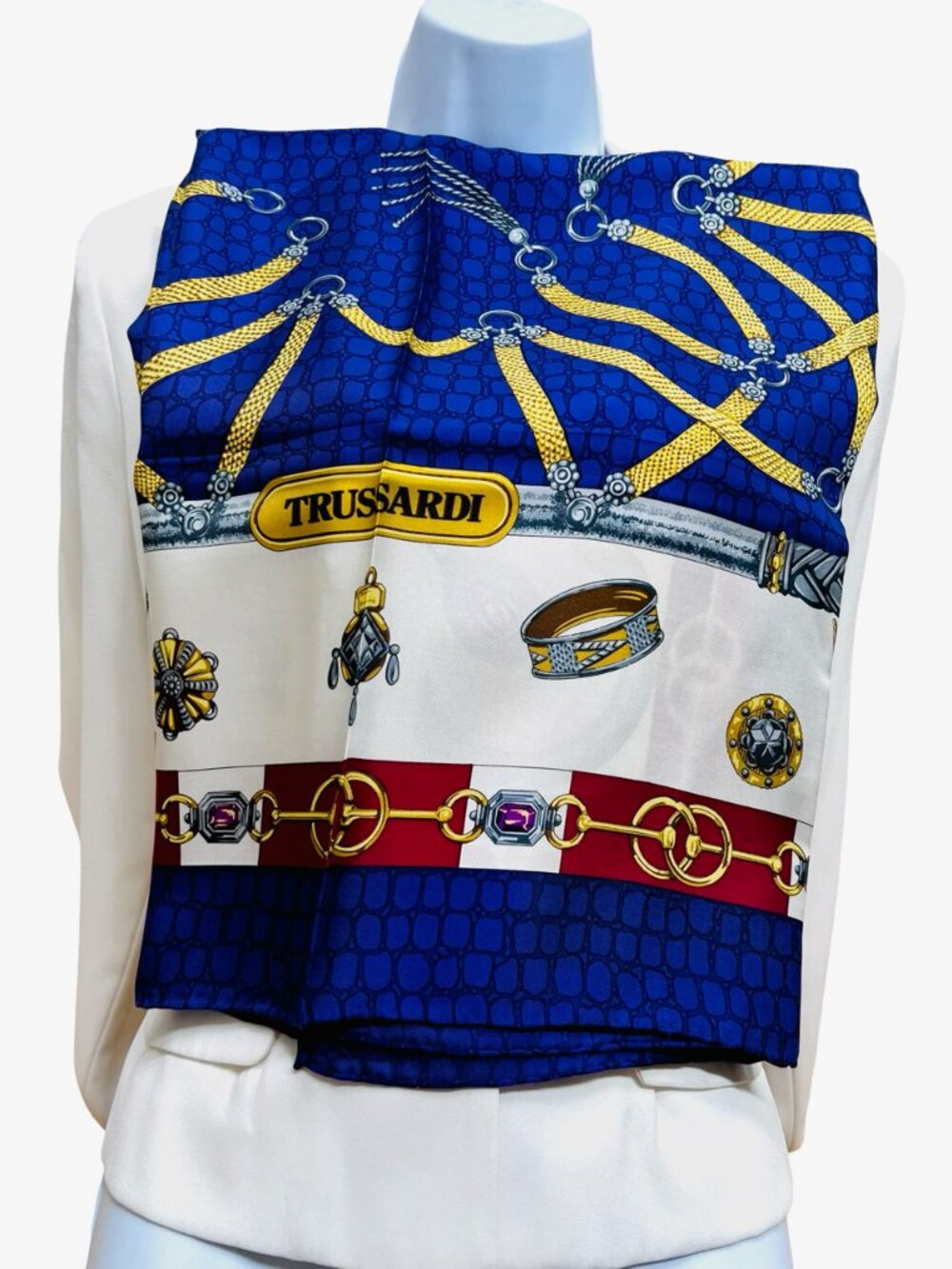New- Beautiful Trussardi 100% silk Scarf satin 35" Purple Blue White Gold (17 - Picture 9 of 16